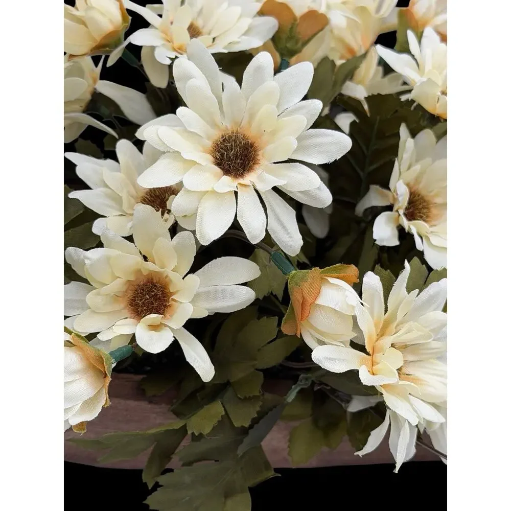Silkcraft Of Oregon Faux Daisies Flower Arrangement Rustic Carved Wood Planter